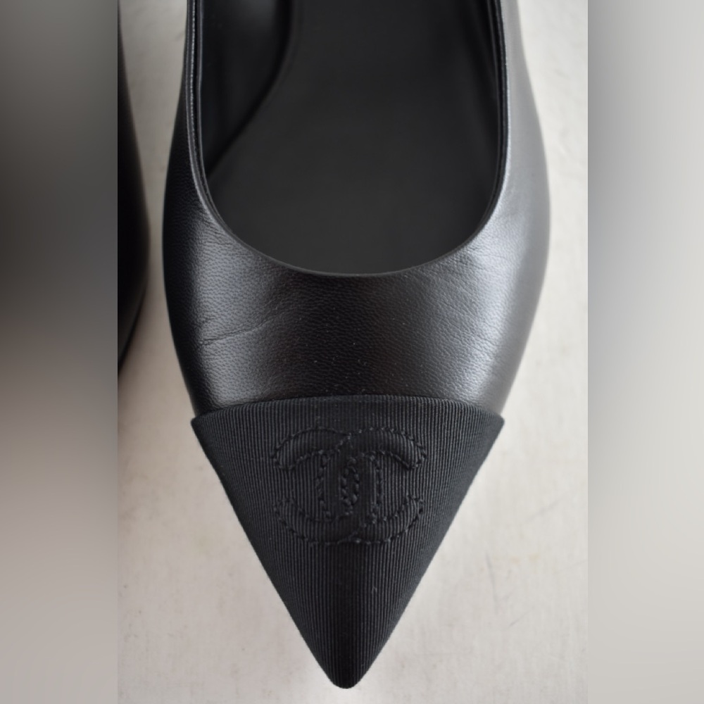 Chanel 24A Black Leather CC Logo Coco Sling Slingback Pointed Ballet Flat 38.5 - Picture 11 of 16